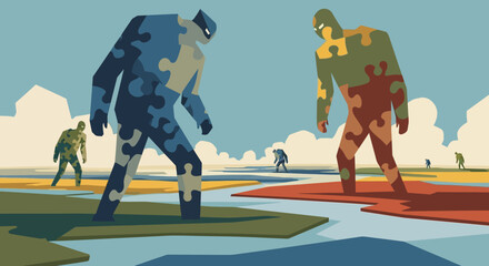 Two large, imposing figures stand facing each other, ready for confrontation.