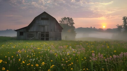 Abandoned wooden barn in open field during sunset with warm tones