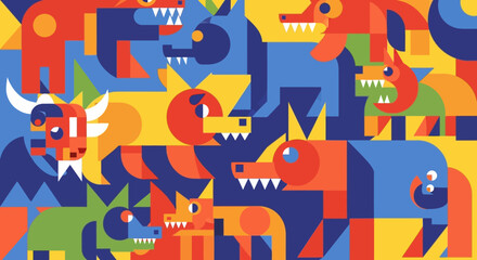 Vibrant geometric animal pattern with abstract shapes and bold colors.