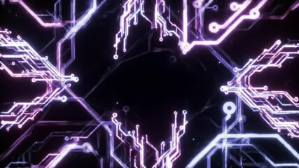 Intricate network of illuminated circuit board lines forming abstract patterns. Digital technology and connection concept, data transfer - Powered by Adobe