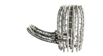 A futuristic metallic structure isolated on transparent background, resembling an abstract sculpture with intricate geometric patterns and a sleek, modern design