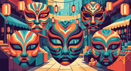 Vibrant Masks Displayed in a Festive Street Setting.