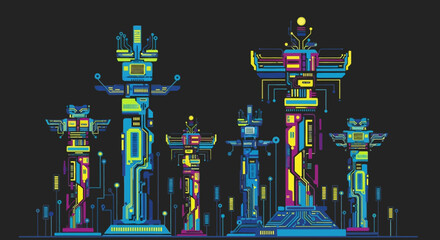Vibrant Neon Totem Poles Illuminated in a Dark Setting with Geometric Patterns.