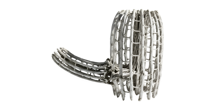 A futuristic metallic structure isolated on transparent background, resembling an abstract sculpture with intricate geometric patterns and a sleek, modern design