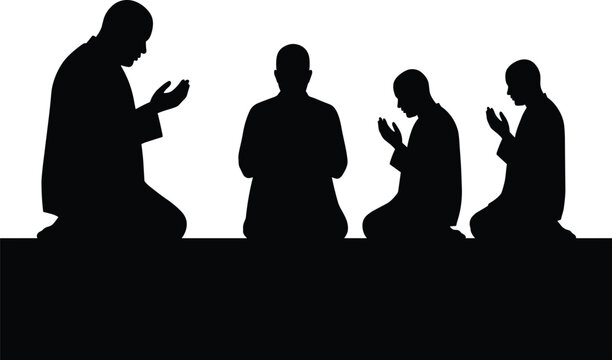 Prayer silhouettes, kneeling figures, spiritual devotion, meditation pose, religious unity, worship illustration, faith, vector bundle, calm