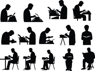 Reading, writing, typewriter, book lovers, study desk, literary silhouette, education, vintage, students, authors, classroom, learning, paper, pen, academic, creativity