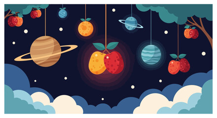 Whimsical Fruits and Planets Hanging in a Dreamy Night Sky.