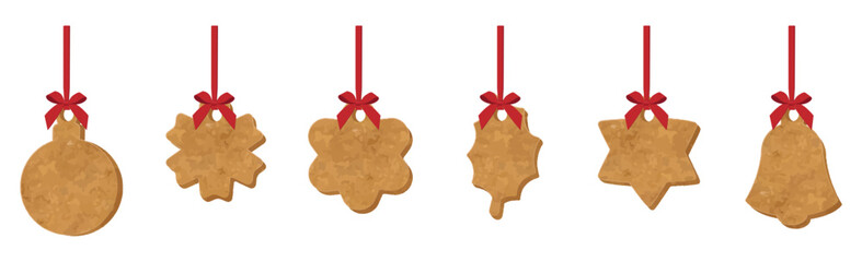 Gingerbread cookies hanging on red ribbons with bows. Vector illustration isolated on white background.