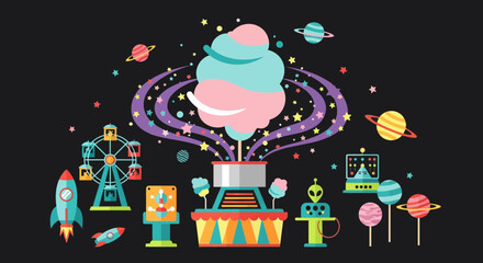 Whimsical Space Carnival with Cotton Candy Nebula and Festive Rides.