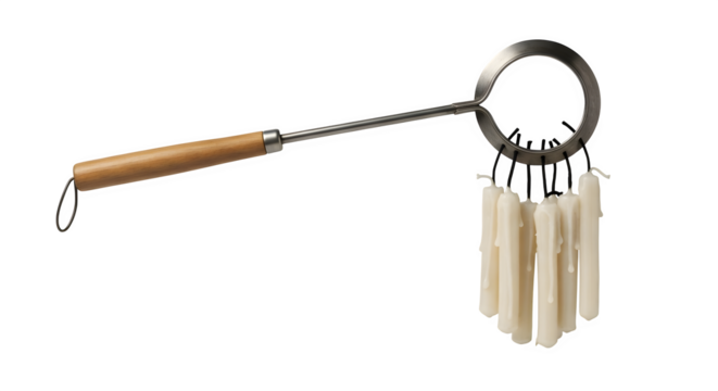 Antique candle extinguisher with a wooden handle and multiple wax candles isolated on transparent background, a tool for extinguishing candles safely