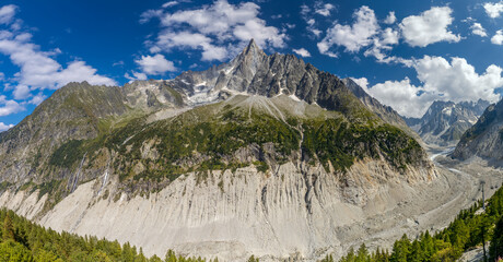 Mountain landscape of the Alps in Chamonix valley, France high resolution wide angle panoramic landscape. Alpine scenery in summer sunny weather on Tour du Mont Blanc, TMB trekking route
