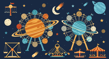 Whimsical Space-Themed Amusement Park Rides and Celestial Elements.