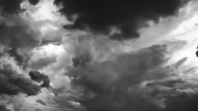Dynamic grayscale storm clouds swirl and rumble across the powerful and evolving heavens