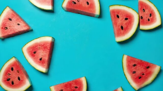 Watermelon Slices on Bright Blue Background with Copy Space  Refreshing Summer Fruit Frame Design
