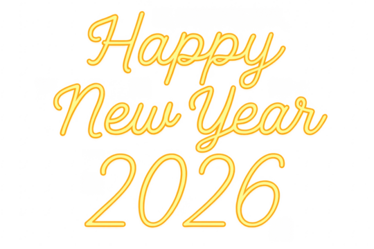 Happy new year 2026 neon glowing sign transparency