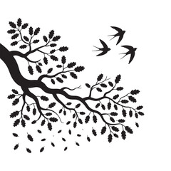 Nature Vector Illustration of Wind Blowing Leaves and Birds in Flight