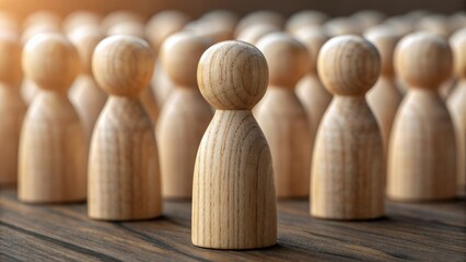 leadership community figure wooden concept. Wooden figures standing together, one prominent in front.