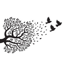 Flying Birds and Autumn Leaves Vector Illustration