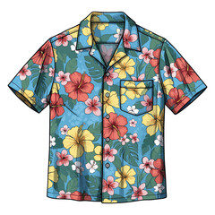 Vector Pattern Hawaiian Shirt with Floral Hibiscus and Leaf Elements in Bright Colorful Style