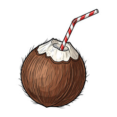 Vector Illustration of Coconut with Straw in Modern Natural Style Featuring Organic Shapes and Brown Color Palette Suitable for Tropical Branding