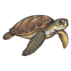 Vector Illustration of a Sea Turtle in Realistic Style Featuring Detailed Shell and Flippers with Natural Brown and Tan Colors for Marine Life and Wildlife Design