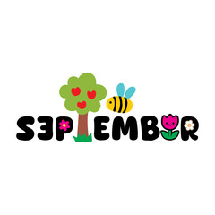 vector illustration with september letter tree bee and cute flowers