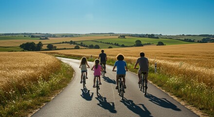 Fototapeta premium Family biking adventure on scenic country roads rural landscape outdoor fun summer vibes