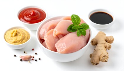 Raw chicken breast pieces in a bowl with various sauces and spices