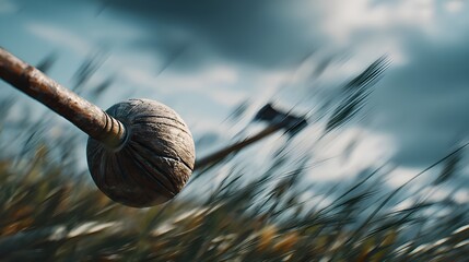 Obraz premium Experience the Thrill: Rugged Hurling Sliotar Hurtling Through the Air with Incredible Speed.
