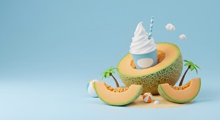 Cute 3D Summer Dessert: Soft Serve Ice Cream Inside Melon with Tropical Slices on Sand Against Blue Background.