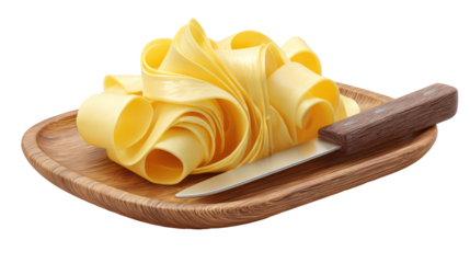 A decorative butter curl on a wooden dish with a knife isolated on transparent background