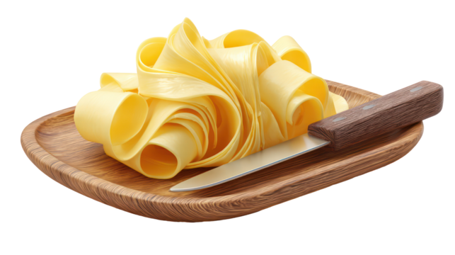 A decorative butter curl on a wooden dish with a knife isolated on transparent background - Powered by Adobe