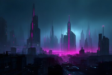 Fototapeta premium Retro-futuristic city glows with vibrant pink lights, a stunning blend of past aesthetics and future technology.