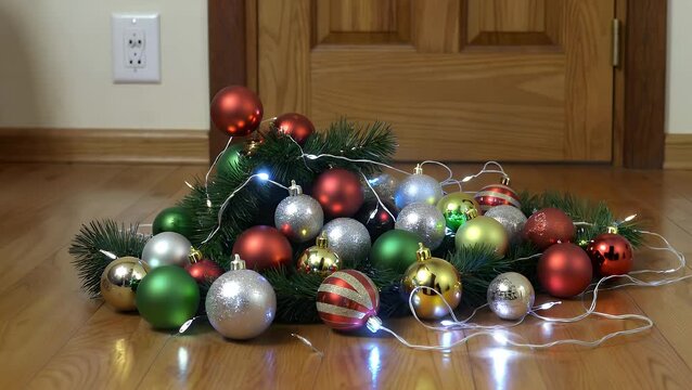 Entangled and Illuminated Festive Holiday Ornaments and Decorative String Lights Discarded on the Ground
