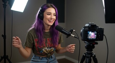 Vibrant podcast recording session home studio video content indoor engaging atmosphere