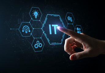 A hand touches a digital IT interface with glowing icons and hexagonal shapes.