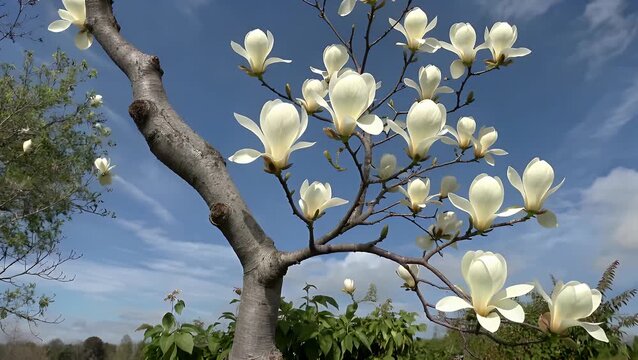 Several pristine white magnolia blossoms in full bloom set against clear bright blue sky background