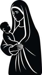 virgin mary holding baby jesus black silhouette ve.eps