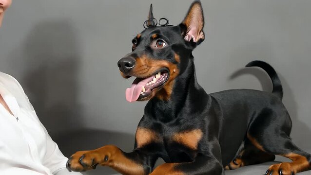 Joyful Dobermann Canine Portrait Exhibiting Smiling Expression Against Neutral Studio Backdrop