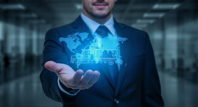 Businessman Holding Holographic World Map and Cityscape in Palm, Futuristic Technology. - Powered by Adobe