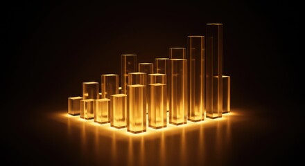 Illuminated Gold Glass Cubes: Abstract 3D Render of Ascending Bars, Dark Background