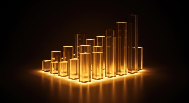 Illuminated Gold Glass Cubes: Abstract 3D Render of Ascending Bars, Dark Background - Powered by Adobe