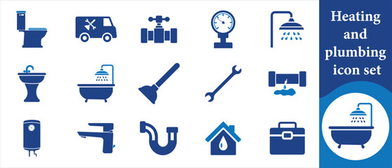 Heating and plumbing icon setup, sink, eps, basin, tool, system, plunger, toolbox, indoor, leakage, bath, drop, damage, repair, shower, drain, plumber, sign, icon set, pipeline, vector and more