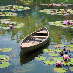 
a boat in a lake surrounded by flowers