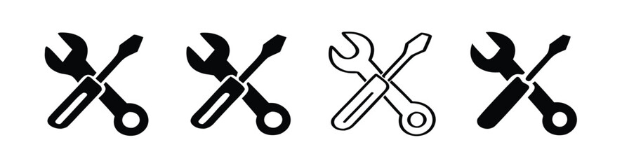 Vector art of collection of wrench and screwdriver icons in various styles, representing repair, maintenance, and technical work 
