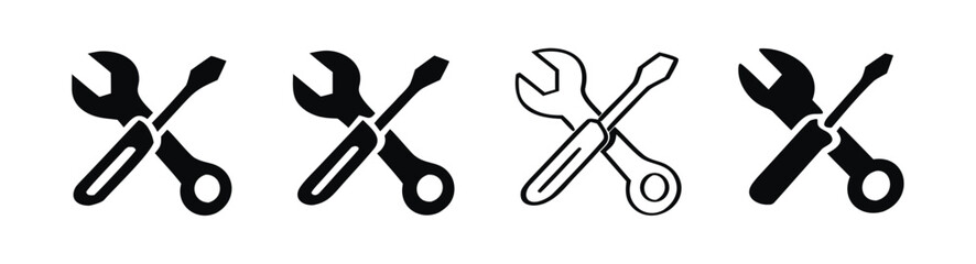 Vector art of collection of wrench and screwdriver icons in various styles, representing repair, maintenance, and technical work 
