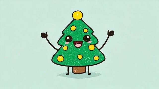 Kawaii Style Smiling Christmas Tree Character with Ornaments Fun Cartoon Holiday Design