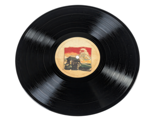 A vintage vinyl record with a graphic design of a small building and mountains.