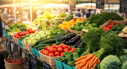 Vibrant farmers market scene urban setting fresh produce display daytime colorful vegetables and herbs