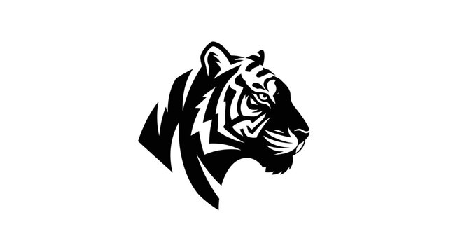 Black and white tiger head profile looking right on white background flat illustration
